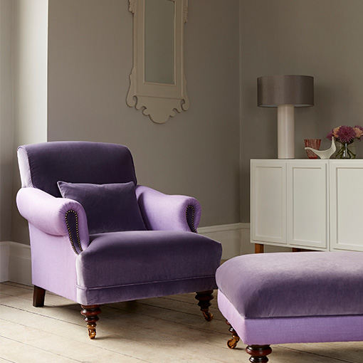 ww/assets/images/cli/customer images/1 Climping armchair & footstool in Harlequin Folia Velvet Lavender